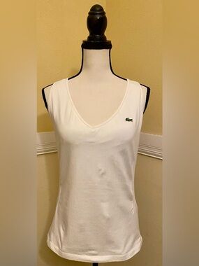 LACOSTE SPORT White V-Neck Sleeveless Tennis Tank with Green Croc; EUC; size L